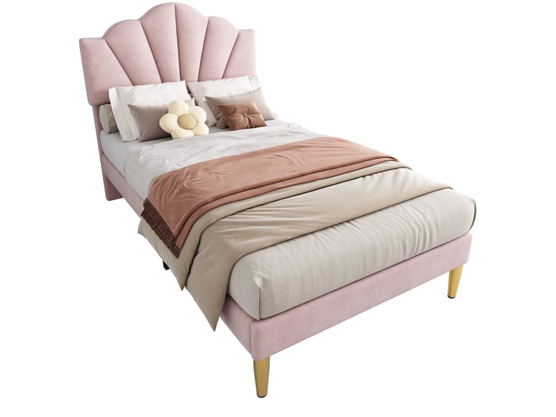  Lit simple 90x200 cm en velours rose, tête de lit réglable et pieds dorés  - Conforama A