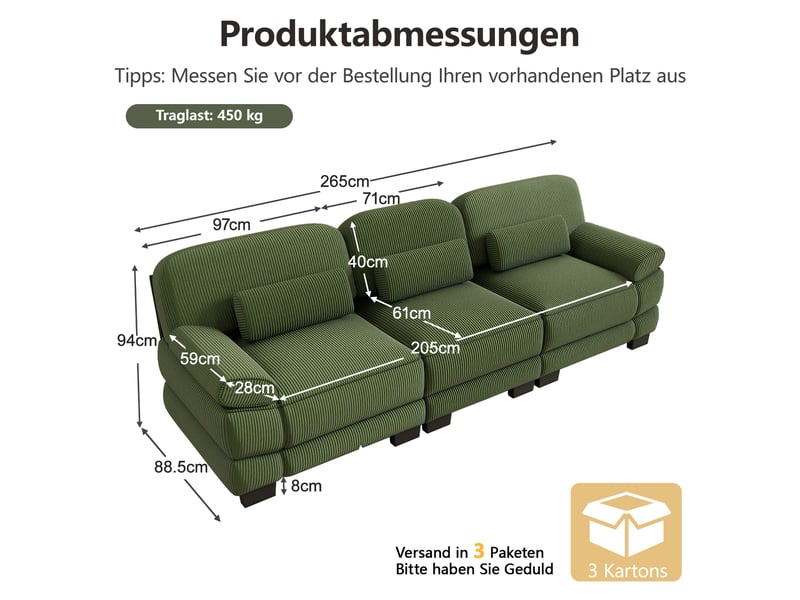 Canapé modulable 3 places en velours côtelé vert, assise profonde, coussin lombaire inclus, 265×88,5×94 cm - Conforama C