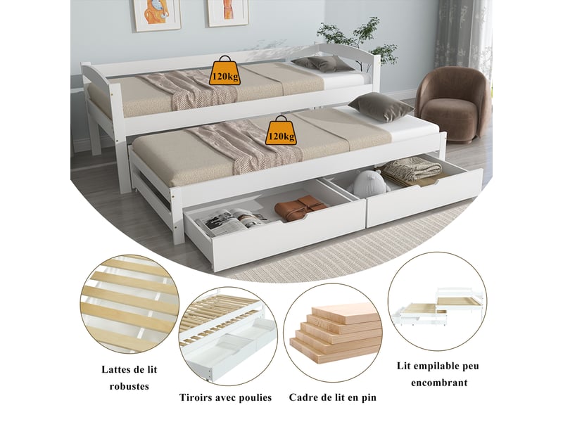  Lit gigogne lit banquette 90x190 cm, canapé-lit avec 2 tiroir escamotable sur roulettes, cadre bois, sommier à lattes inclus OPULERANE TRADING LTD - Conforama D
