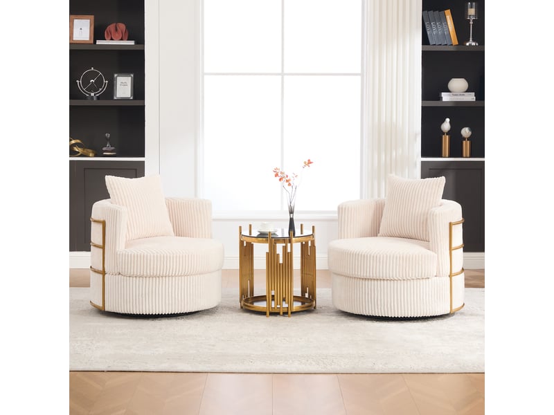  Lot de 2 fauteuils 1 place - 76 x 79 x 78 cm - fauteuils tournants 360° en cord avec coffre de rangement et coussins - beige  - Conforama C