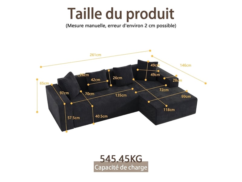  Canapé modulable noir 3 places velours côtelé - assise profonde 70cm - canapé d'angle avec méridienne  - Conforama C