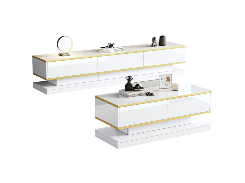  Ensemble meuble tv et table basse 200 x 40 x 40 cm blanc chaud, panneaux de particules, 5 tiroirs, bordure dorée  - Conforama A