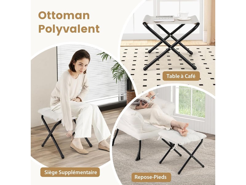Costway fauteuil salon scandinave avec repose-pieds, fauteuil relax en sherpa avec oreiller et poche latérale, fauteuil chambre pour lecture, cadre en métal pour charger 150 kg (beige)  - Conforama B