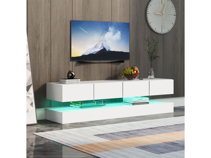  Meuble tv industriel 133 x 33 x 15cm avec led multicolore piloté par app rangement spacieux 4 tiroirs design mural flottant blanc mdf  - Conforama A