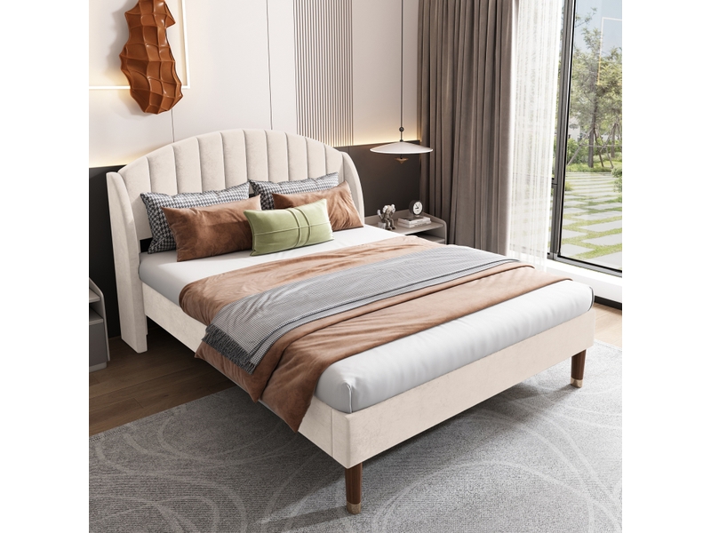 Lit 140x190cm - lit double 140x190 rembourré en velours avec tête de lit capitonnée en arcadie - beige - Conforama C