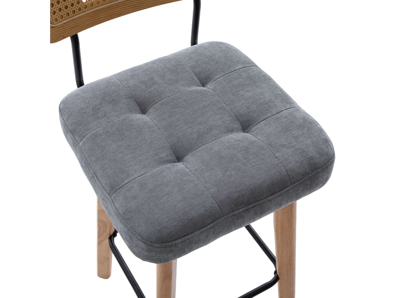  Lot de 2 tabourets de bar 44x51x96 cm gris en chenille, dossier en rotin et assise pivotante 360 degrés  - Conforama E