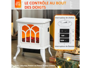 Cheminée électrique sur pied 7501500 w, 37,3 x 23,1 x 44 cm, fausse cheminée décorative avec effet flamme led, blanc