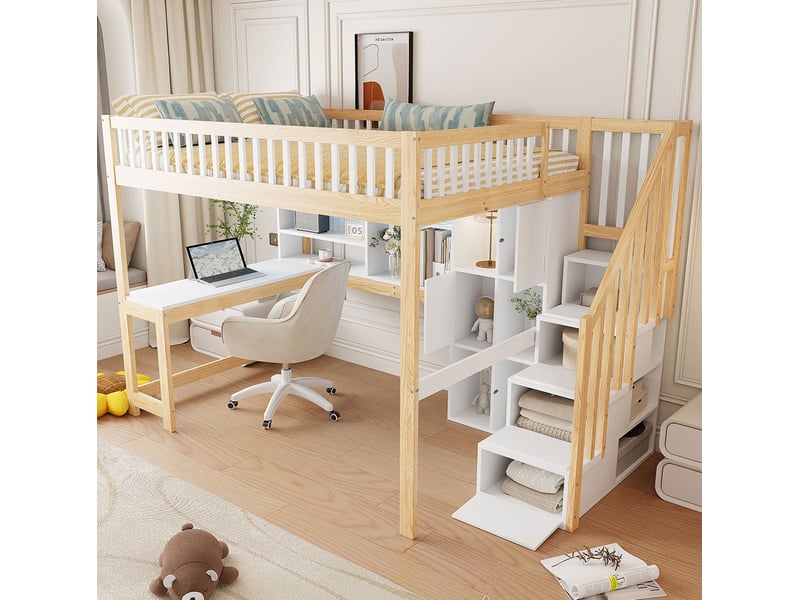  Lit mezzanine 140x200 cm avec bureau, rangements et led blanc et naturel  - Conforama D