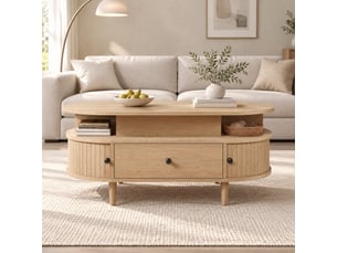 Table basse relevable ovale avec tiroir, 2 étagères ouvertes et 2 portes coulissantes en mdf naturel 105 × 50 × 60,5 cm