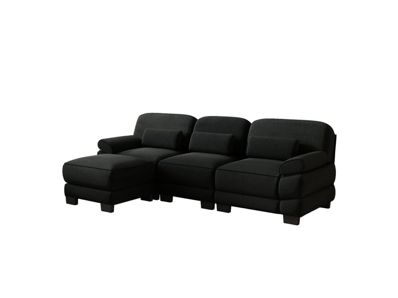 Canapé d'angle 3 places en l avec 1 pouf, coussin lombaire épais, assise profonde, tissu confortable, noir, pour salon - Conforama A