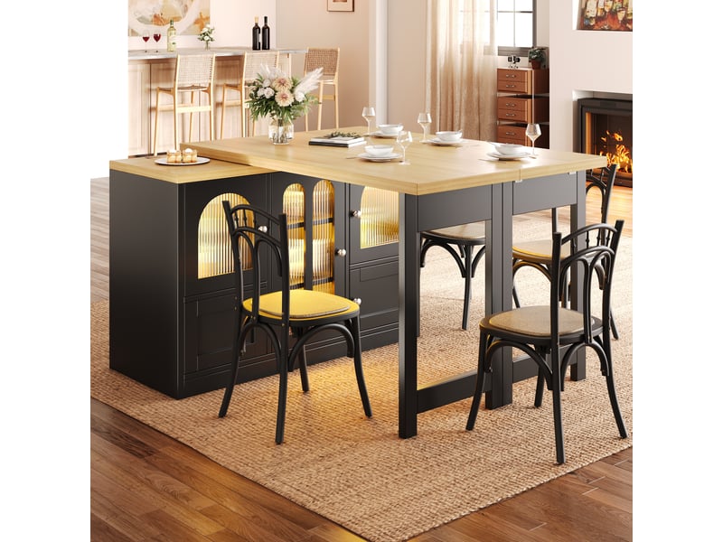  Îlot de cuisine extensible 120-197 cm, table pivotante, portes vitrées, éclairage led rgb, noir, style contemporain  - Conforama D