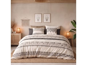 Parure housse de couette 240x220cm + 2 taies motif bohème écru et noir 100% coton - silesy