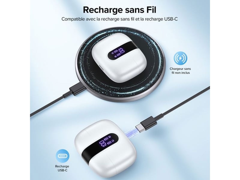  Ecouteurs sans fil tws bluetooth 5.4 ipx5 sport blanc avec micro et boitier  - Conforama D