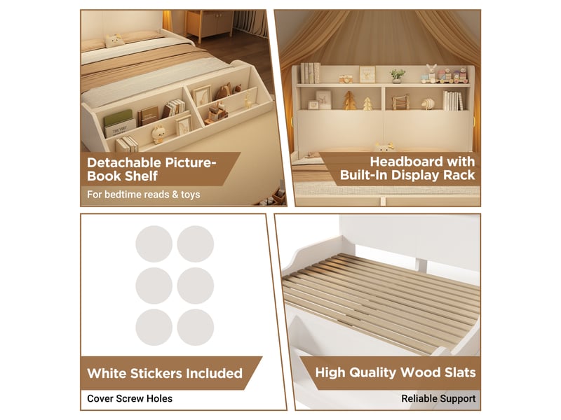  Lit double 200×140 cm avec étagères, bibliothèque amovible et 2 veilleuses, avec sommier, sans matelas, blanc  - Conforama E