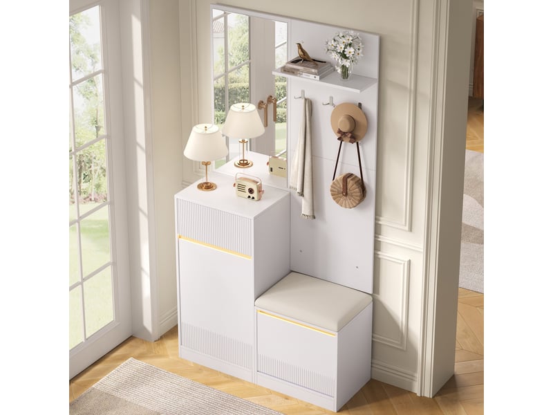  Vestiaire d'entrée - 105x38x190cm - ensemble meuble d'entrée avec éclairage led app, miroir, banc &amp; meuble chaussures - blanc  - Conforama C