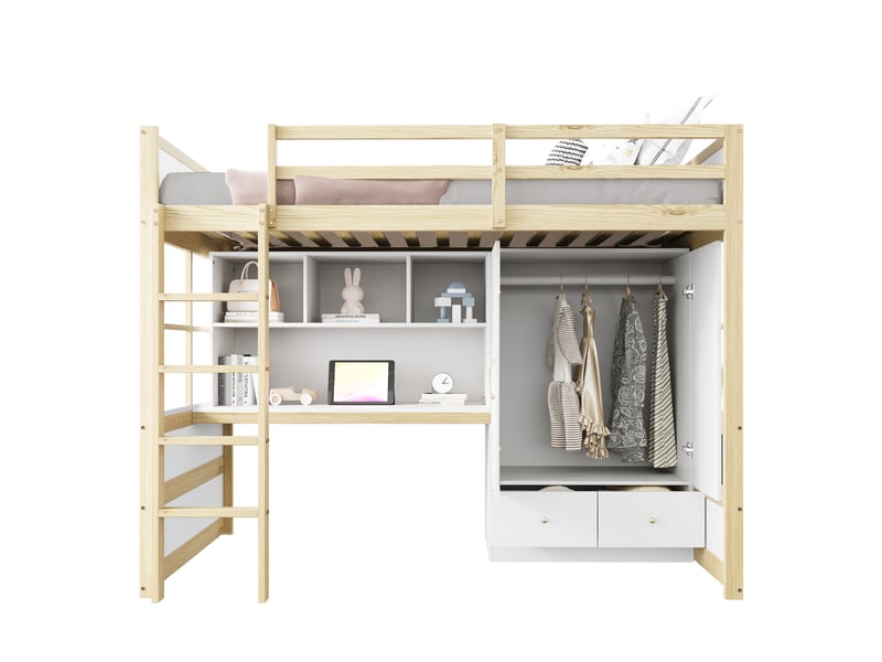Lit mezzanine 90x200 cm, bureau avec rangements, armoire et tiroirs intégrés, échelle, sommier à lattes, bois massif, coloris bois naturel - Conforama A