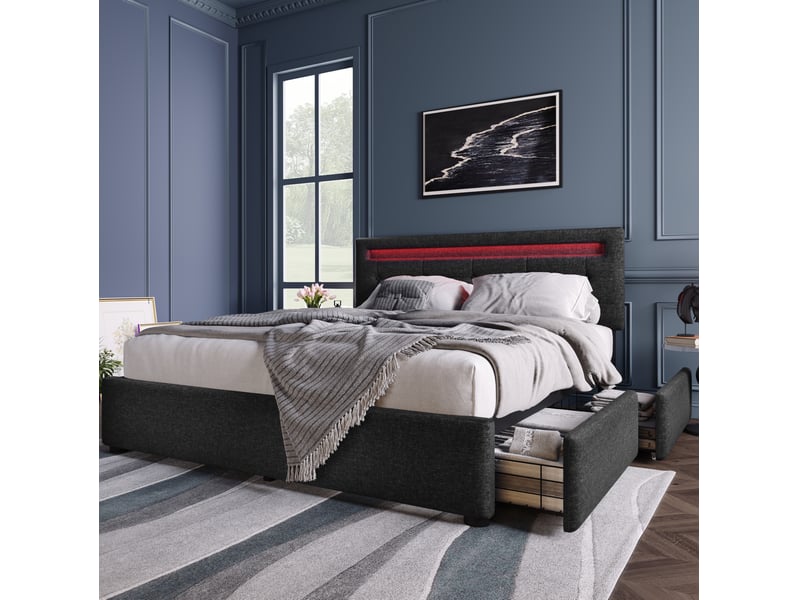  Cadre de lit tcqpz double 140 x 200 cm avec led 4 tiroirs tête de lit réglable noir lin et métal  - Conforama D