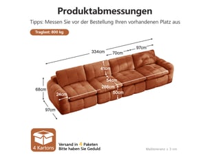 Canapé modulable nuage sans cadre 4 places orange, chenille, mousse 32d, assise large et profonde, sans montage