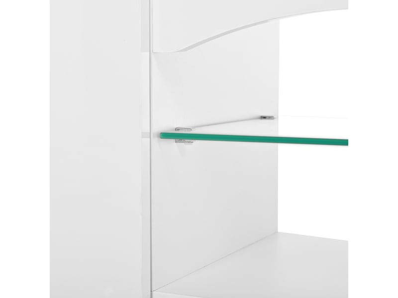  Meuble tv bas 200 x 30 x 28 cm, 4 portes, 2 niches ouvertes, éclairage led piloté par application, étagères en verre, panneaux de particules, blanc  - Conforama D