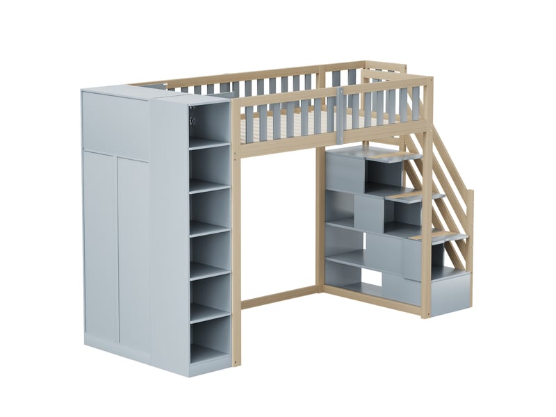  Lit mezzanine 90x200 cm avec rangements bois gris et bois naturel sans matelas  - Conforama E