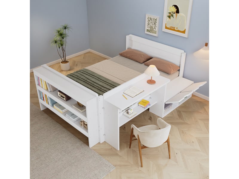  Lit avec rangement 120x200 cm blanc avec bureau et rangements  - Conforama E