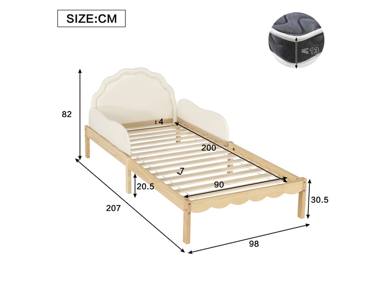  Lit enfant 90x200 cm beige et bois avec tête de lit pu et barrières latérales  - Conforama C