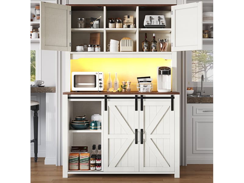 Buffet haut de cuisine 115x40x174,7cm avec éclairage led, rangement, meubles de cuisine avec portes coulissantes, mdf+structure en métal, coloris blanc - Conforama E