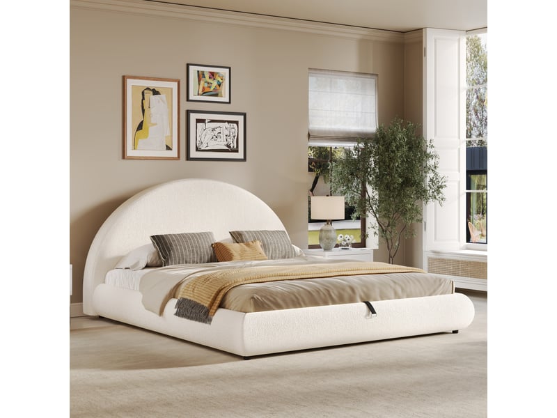 Lit double rembourré, rangement hydraulique, avec sommier et tête de lit, tissu bouclé, blanc - 180 × 200 cm - Conforama D