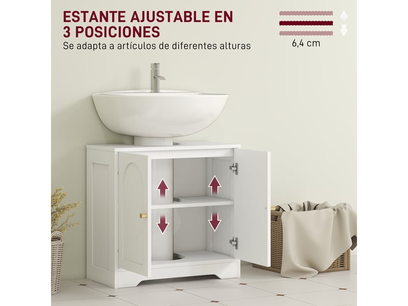  Meuble sous lavabo blanc 60 cm, 2 portes arquées, étagère réglable et découpe en u  - Conforama W