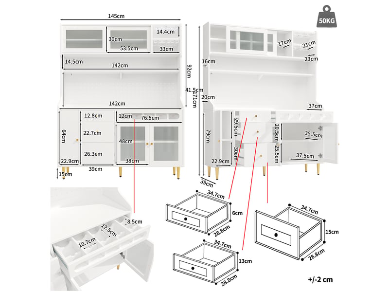  Armoires hautes 145×39×171cm pour le salon, éclairage led, armoire de salon avec étagères réglables, tiroir avec casier à bouteilles  - Conforama R