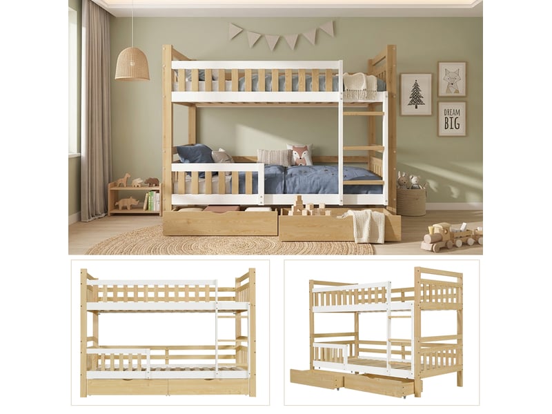 Lit superposé modenvie 90 x 200 cm en bois blanc et naturel avec échelle, protection anti-chute et 2 tiroirs - Conforama E