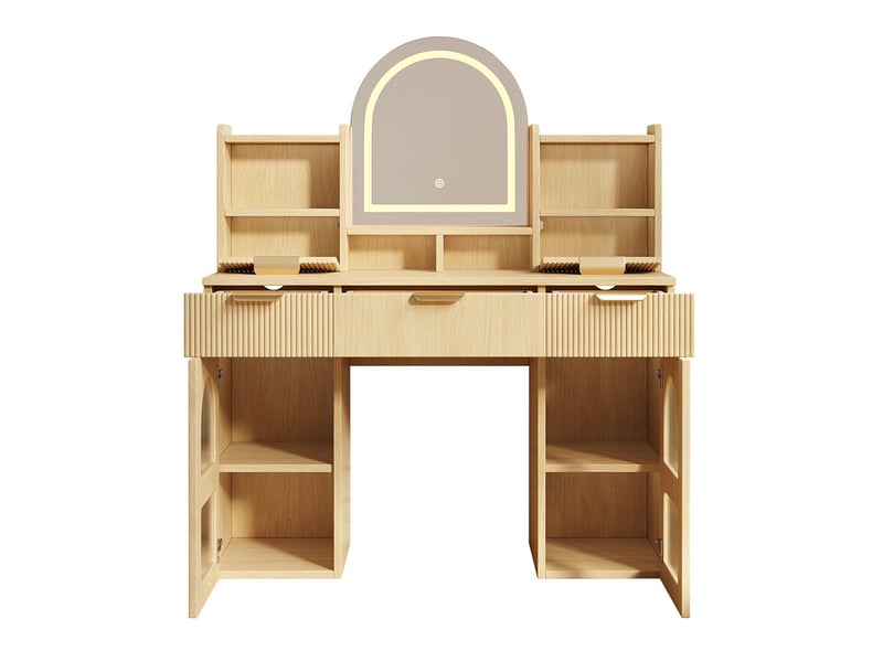 Grande coiffeuse chambre coucher éclairage led miroir 3 tiroirs 2 armoires vitrées étagères bois  - Conforama E