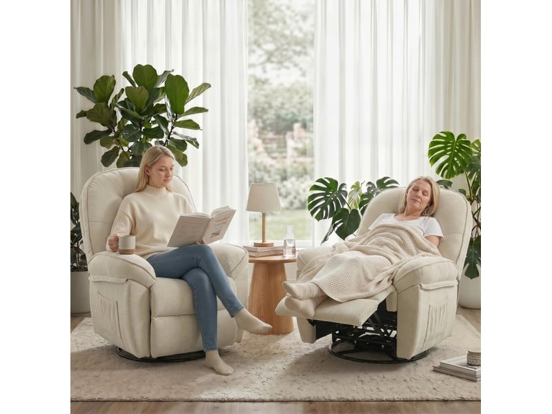  Fauteuil relax pivotant 360° avec bascule et inclinaison manuelle, repose-pieds, beige  - Conforama E