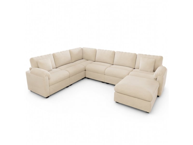 Canapé d'angle modulable xxl en velours beige 7 places avec coussins et pouf séparé pour salon ou chambre - Conforama A