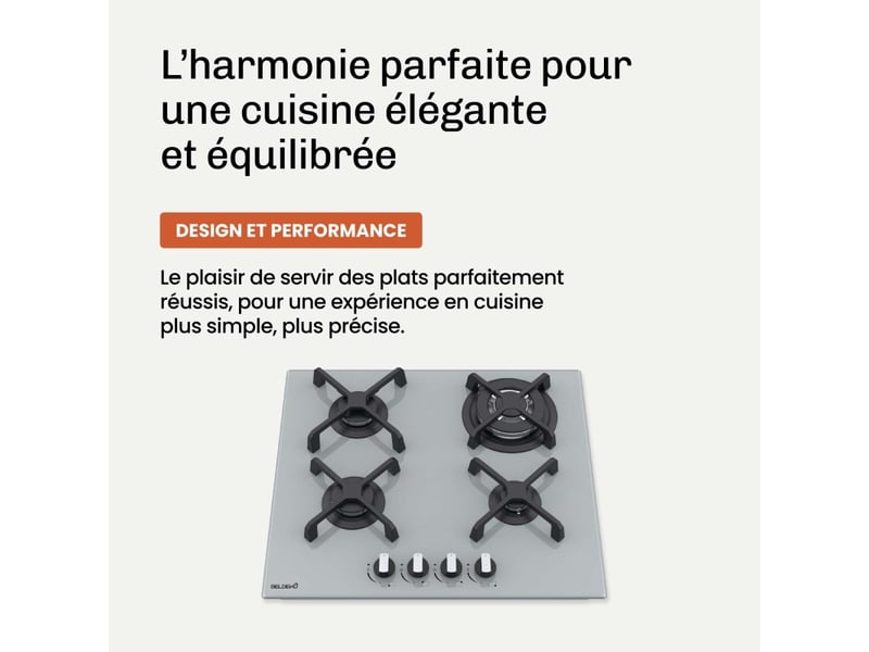 Beldeko plaque de cuisson gaz 4 feux 8000 w - verre gris - brûleur double couronne - grilles en fonte- marque française - Conforama C