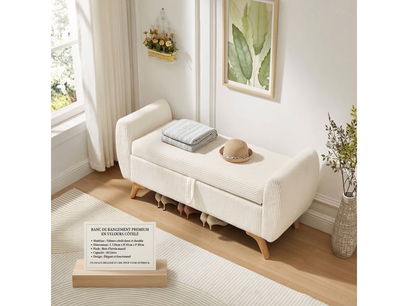  Banc de rangement beige 145 cm en velours côtelé avec coffre pliable et pieds en bois  - Conforama E