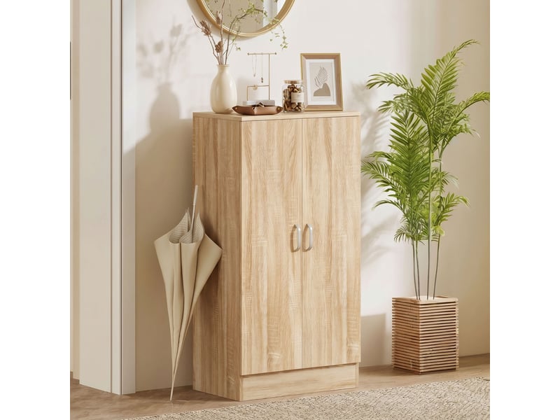  Meuble à chaussures à 2 portes, 6 étagères réglables, charnières à fermeture douce, pour 14 paires de chaussures, en bois naturel  - Conforama C