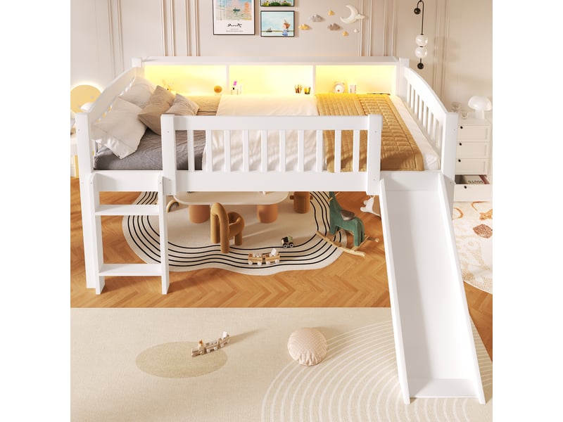  Lit mezzanine 90x200 cm, lit combiné, rangements intégrés, toboggan, éclairage led, ports usb, support à lattes stable, design moderne, pin blanc CozyNest - Conforama D