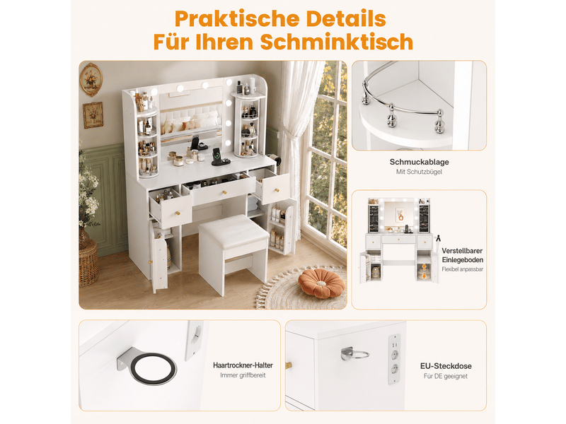Coiffeuse 115x40x141 cm blanche avec miroir led, rangements et usb-c - Conforama E