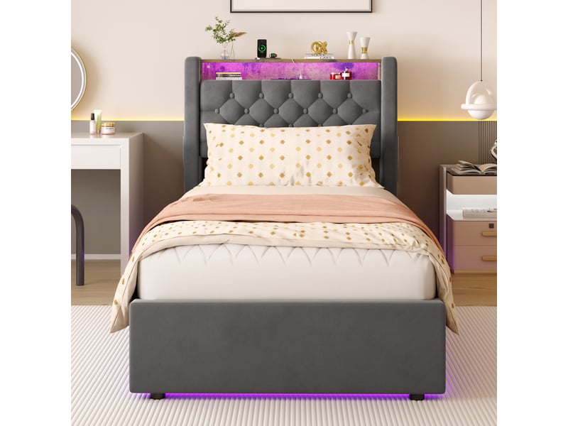 Lit coffre 90x190 cm avec tiroirs de rangement et prise - revêtement en velours gris foncé, structure métal et bois  - Conforama C