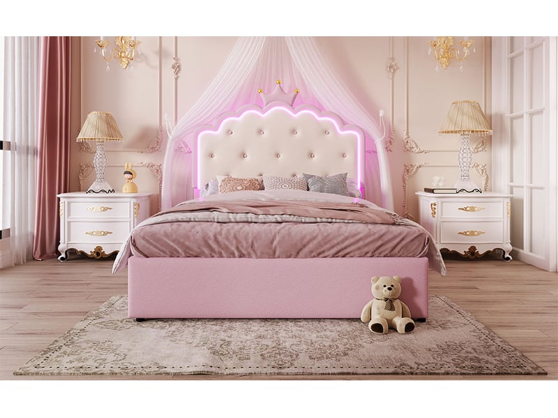  Lit coffre 140x200 cm rose pu avec sommier à lattes éclairage led télécommande lit gigogne 2 tiroirs Sol Morn - Conforama B