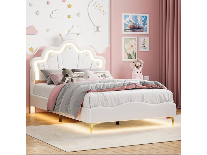  Lit 140x190cm - lit enfant 140x190 - lit double rembourré avec tête de lit couronne, led rgb - moderne - en similicuir pu blanc  - Conforama D