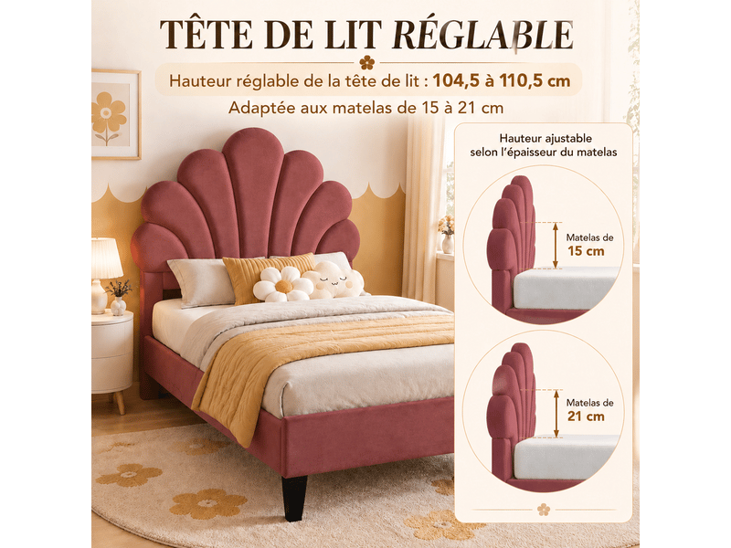 Lit enfant rembourré 90x200, lit simple avec tête de lit en forme de fleur et sommier à lattes, lits 1 personne pour fille adolescent, velours, sans matelas, bordeaux - Conforama D