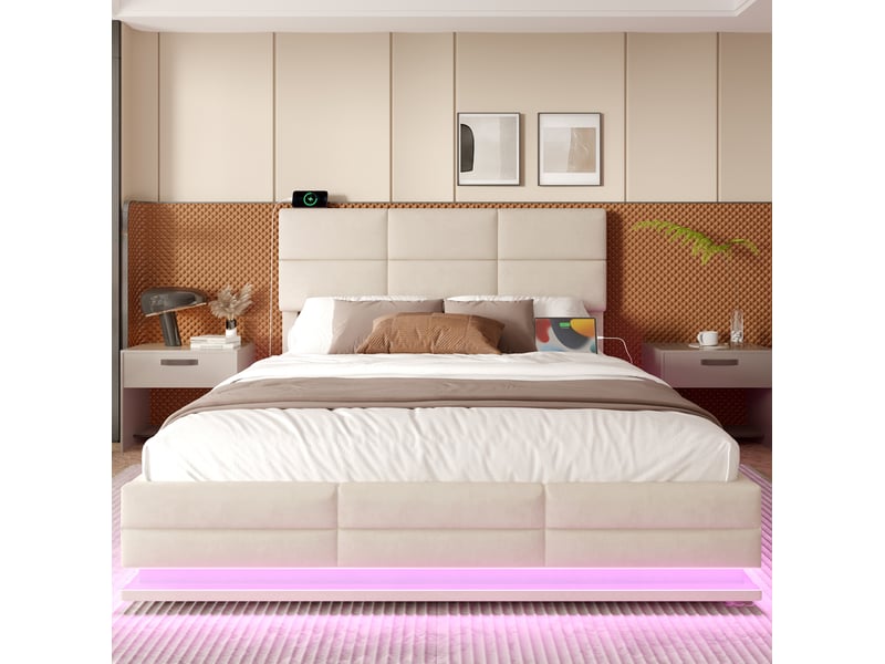  Lit coffre adulte 180x200 cm avec éclairage led et ports usb type-c, en velours beige, sans matelas  - Conforama B