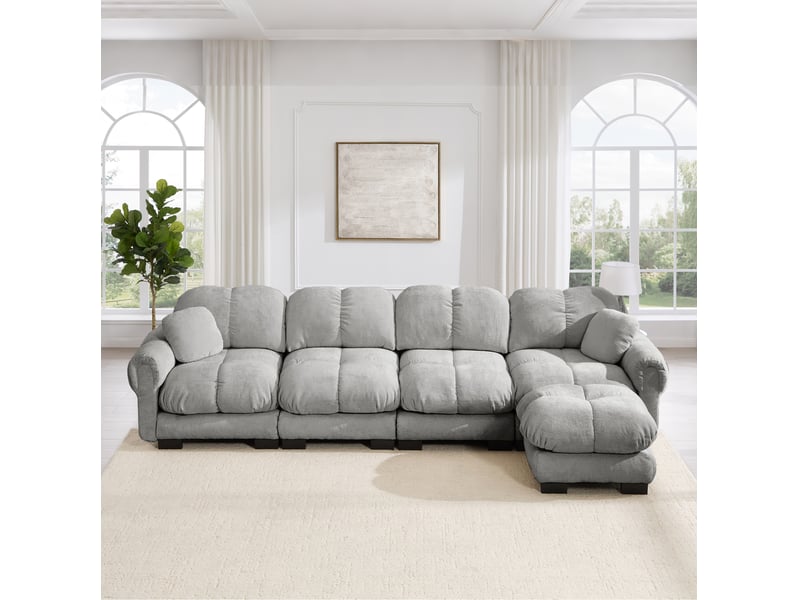  Canapé d'angle modulable 4 places modenvie en chenille avec pouf mobile, gris clair, 330 x 149 x 90 cm  - Conforama D