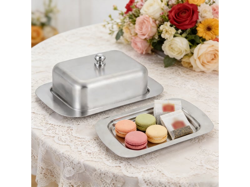  Beurrier avec couvercle en acier inoxydable - 18,5 × 12,2 × 6,6 cm - plateau dessert multifonction - argent  - Conforama B
