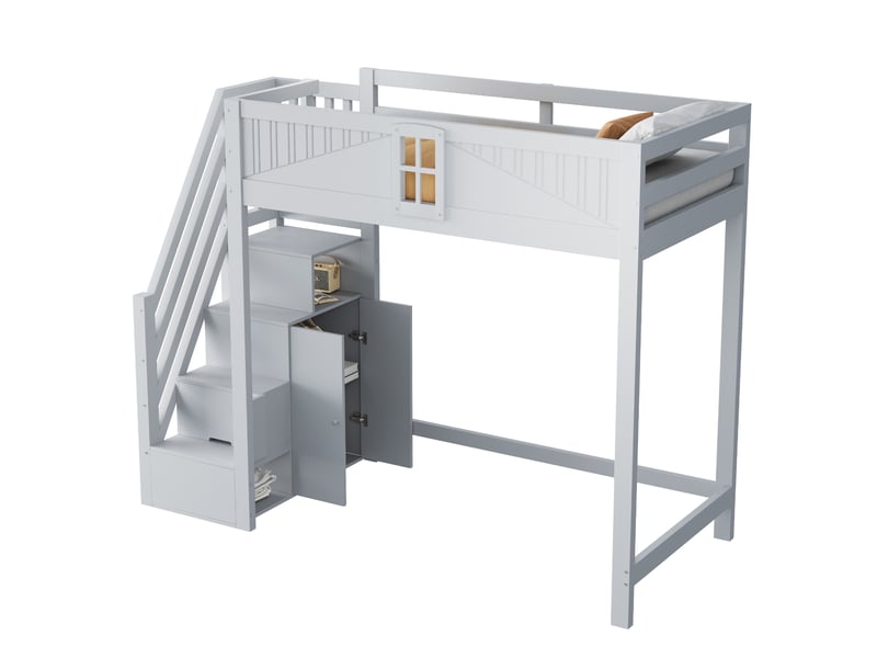  Lit mezzanine 200×90 cm avec espace libre sous le couchage, rangements latéraux et échelle réversible, gris  - Conforama A