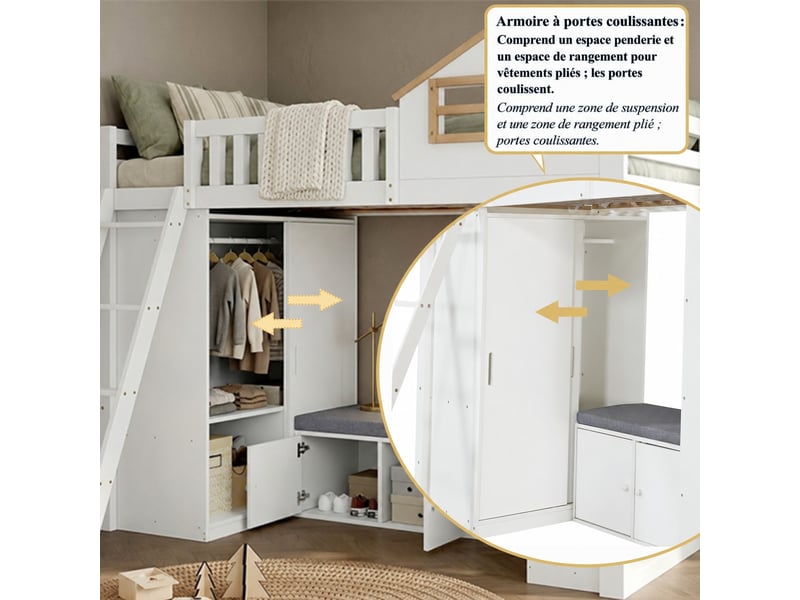 Lit mezzanine cabane enfant 90 x 200 cm avec échelle, armoire, étagères et banquette avec rangement, blanc et naturel - Conforama D