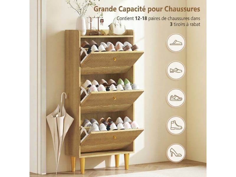  Meuble à chaussures 3 tiroirs basculants 18 paires coloris chêne 60x24x128 cm  - Conforama E