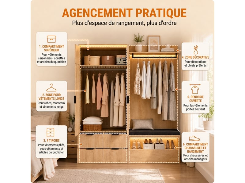 Armoire penderie 90x50x200 cm avec portes battantes et 2 tiroirs, bois et gris  - Conforama E